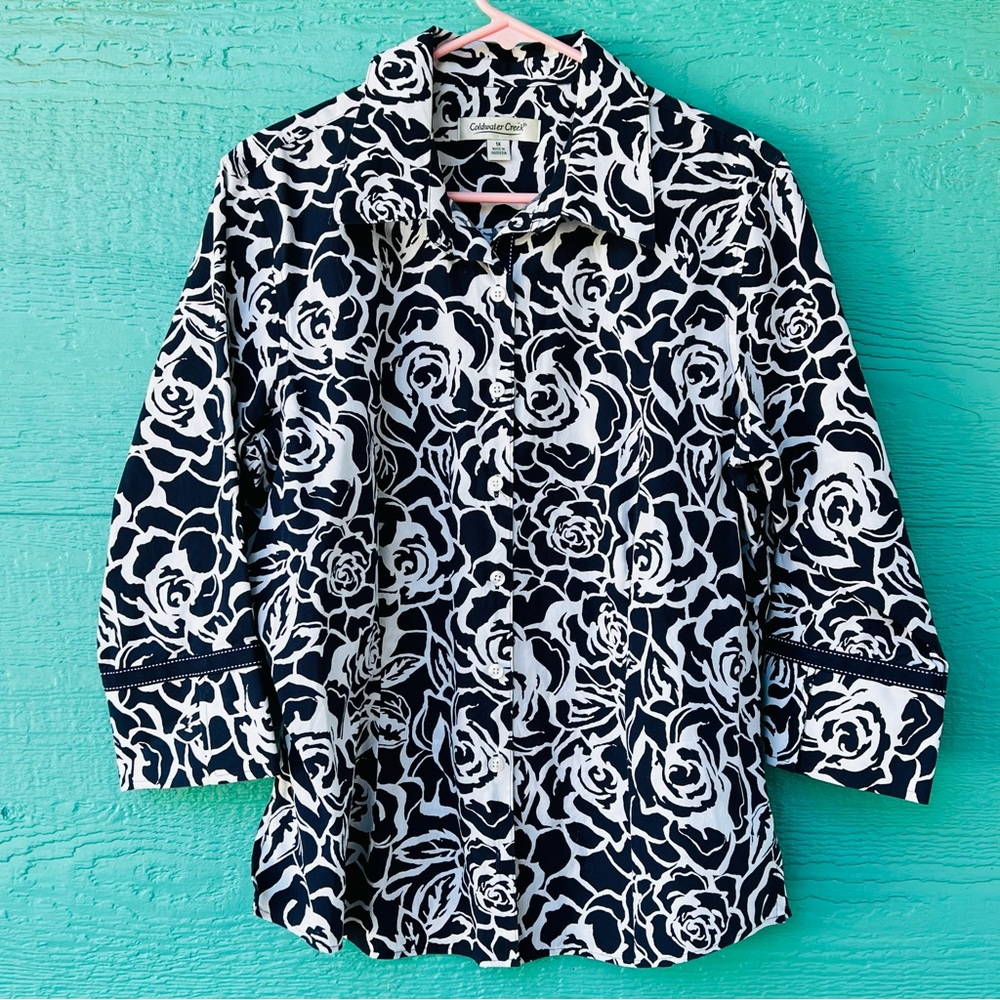100% COTTON NAVY BLUE WHITE FLORAL BUTTON FRONT 3/4 SLEEVES FLOWY FIT SIZE 1X
